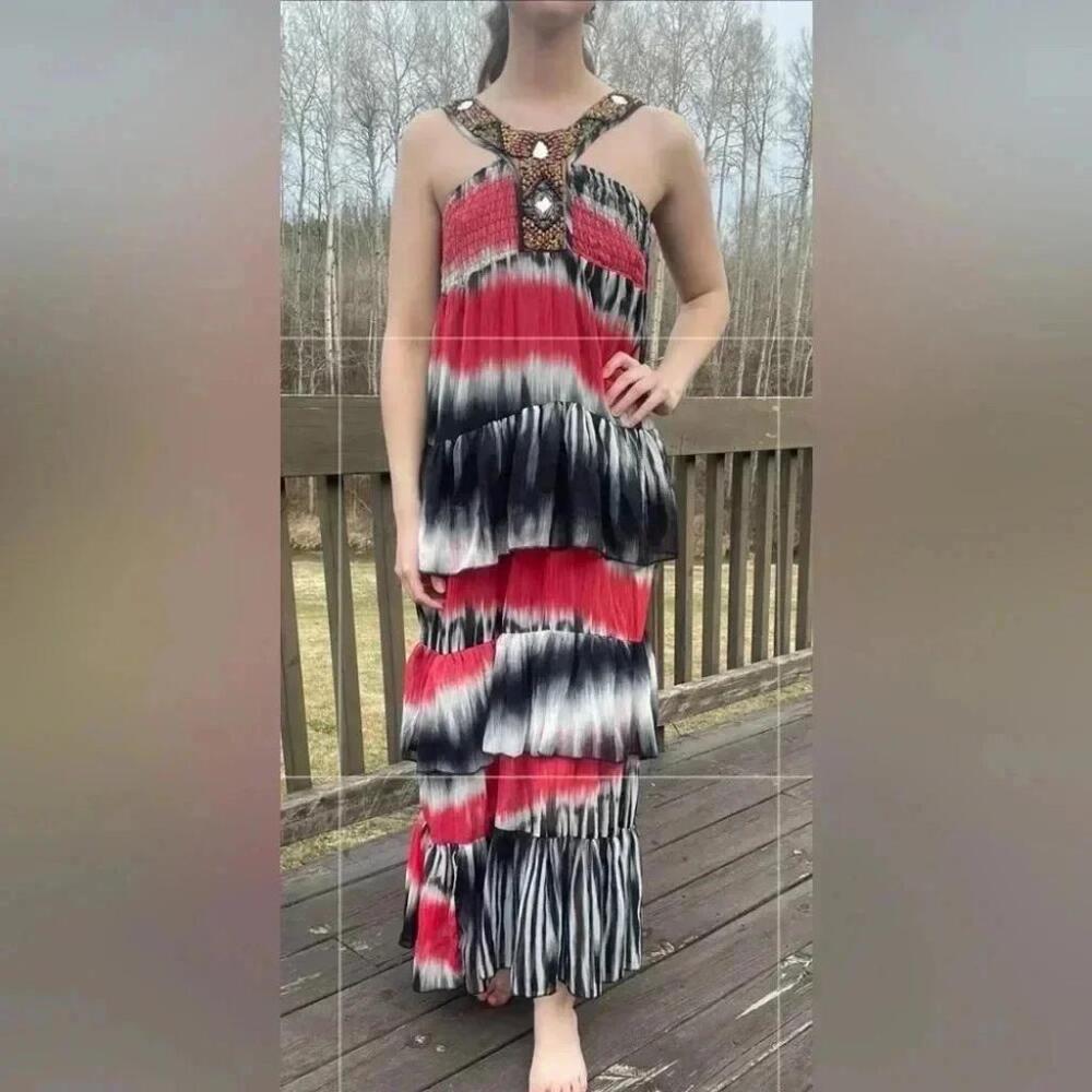 Womans Large cherry Beaded Halter Sundress Ruffles Boho Tiered Layer Tie Die